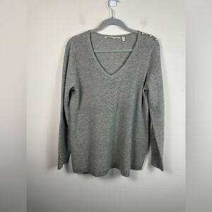 Soft Surroundings Gray Knit Sweater Wool Blend Pearl Detail EUC Size Medium